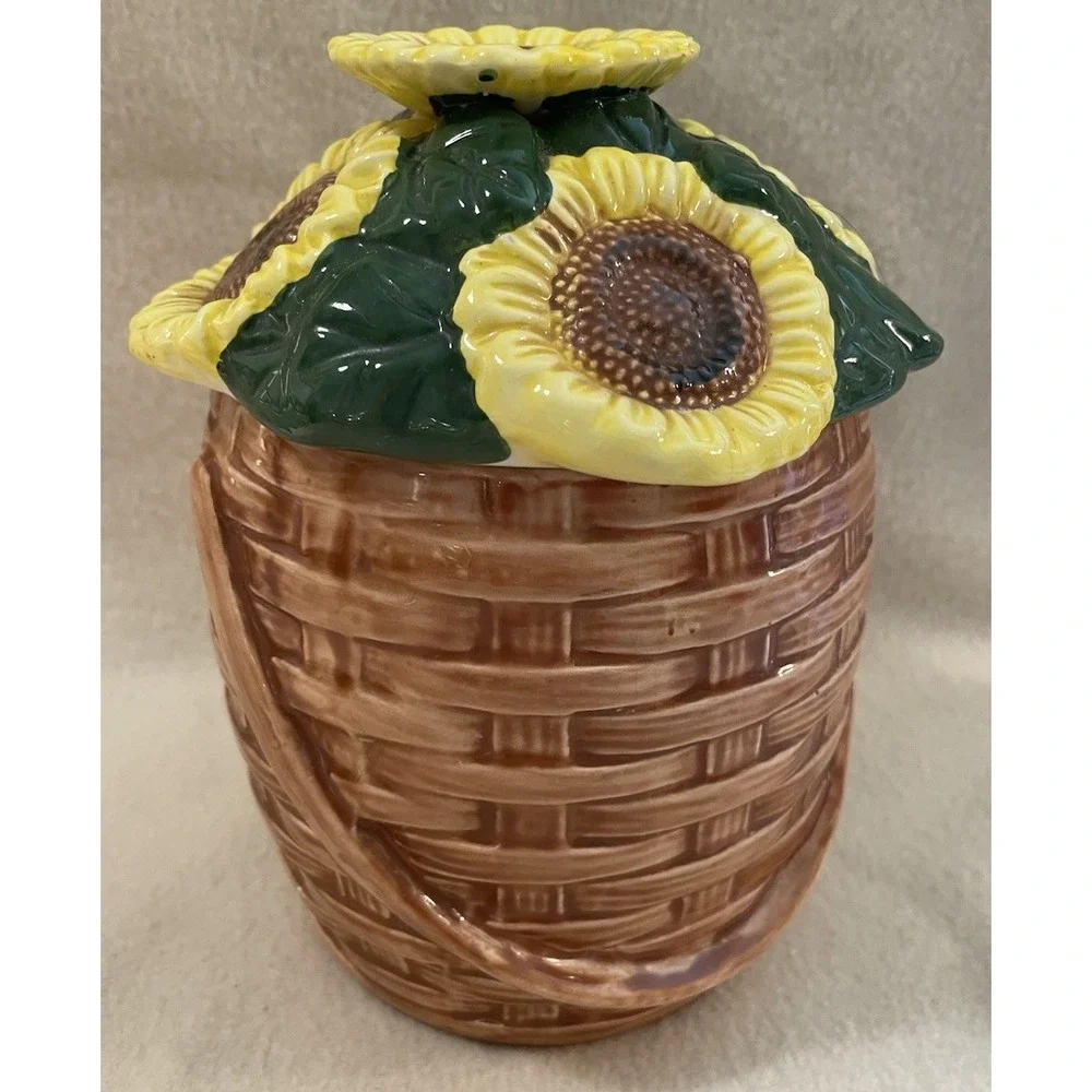 Ceramic Sunflower Basket Cookie Jar Canister Lidded Handle Detail Floral Rustic